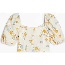 Koton Keten Crop Bluz Çiçekli Kare Yaka Gipe Detaylı