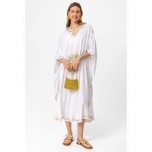 Deriderim Beyaz Şile Bezi Yarasa Kollu Işlemeli Uzun Yazlık Astarsız Plaj Pamuklu Kaftan Elbise