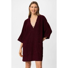 Deriderim Bordo Şile Bezi Cepli Kısa Kollu V Yaka Yazlık Pamuklu Anne Bluz Gömlek Elbise