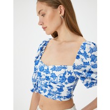 Koton Crop Çiçekli Bluz Kare Yaka Balon Kollu