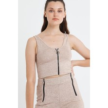Polo State Kadın Fermuarlı Crop  Kum Rengi