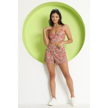 Polo State Kadın Piliseli Çiçek Desenli Crop Etek Alt Üst Takım Pembe