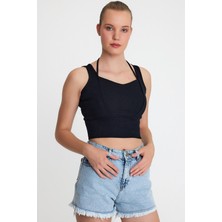Polo State Kadın Ense Biye Detaylı Crop Siyah