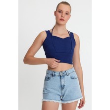 Polo State Kadın Ense Biye Detaylı Crop Indigo