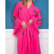 Bornoz ,Plaj Kıyafeti,Kimono , Kaftan ,Sabahlık  Pembe Kumaş Siyah Leopar Desen Baskılı