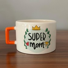 Mor Mürekkep Super Mom Yazı Baskılı Turuncu Kulplu C Fincan