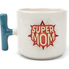 Mor Mürekkep Süper Mom Kırmızı Baskılı Mavi Kulplu T Kupa