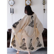 Bornoz ,Plaj Kıyafeti,Kimono , Kaftan ,Sabahlık Siyah Buda Desen Baskılı