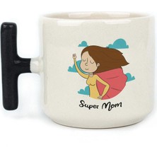 Mor Mürekkep Süper Mom Pelerin Baskılı Siyah Kulplu T Kupa