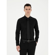 Pierre Cardin Erkek Siyah Parlak Saten Slim Fit Uzun Kollu Basic Gömlek 50286102-VR046