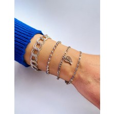 Xesha Gümüş Kaplama 4'lü Kombin Bileklik Seti Gümüş Renk Zincir Bilezik Künye