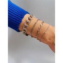 Xesha Gümüş Kaplama 4'lü Kombin Bileklik Seti Gümüş Renk Zincir Bilezik Künye