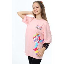 İrem Çocuk Giyim Kız Çocuk The Outer Yazı Desenli Önü Arkası Baskılı Likralı Oversize Koyu Pudra Renk Tişört