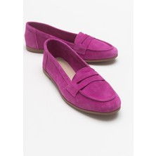 F02 Fuşya Süet Hakiki Deri Kadın Loafer Ayakkabı