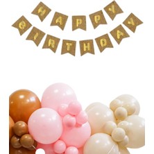 Parti Furyası Kraft Karton Üzeri Gold Altın yaldızlı Happy Birthday Yazılı Doğum Günü Partisi Yazı Banner Süs ve 20 Adet (Bej,pembe ve Karamel) Balon Süsleme Seti