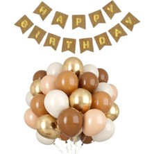 Parti Furyası Kraft  karton Üzeri Gold Altın Yaldızlı Happy Birthday Yazılı Doğum Günü Partisi Yazı Banner Süs ve 10 Adet (Bej,ten,kahverengi)Balon, 5 Adet Gold Kro