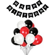 Parti Furyası Siyah Karton Üzeri Gümüş Gri Yaldızlı Happy Birthday Yazılı Doğum Günü Partisi Yazı Banner Süs ve 20 Adet  beyaz,kırmızı ve Siyah balon Süsleme Seti