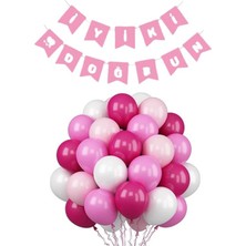 Parti Furyası Pembe Karton Üzeri Gümüş Gri Yaldızlı Iyiki Doğdun yazılı Doğum Günü Partisi Yazı Banner Süs ve 20 Adet (Beyaz,pembe,fuşya) Balon Süsleme Seti