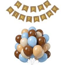 Parti Furyası Kraft  karton Üzeri Gold Altın Yaldızlı Happy Birthday Yazılı Doğum Günü Partisi Yazı Banner Süs ve 20 Adet (Mavi,bej,ten,kahverengi) Süsleme Seti