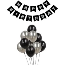 Parti Furyası Siyah Karton Üzeri Gümüş Gri  Yaldızlı Happy Birthday Yazılı Doğum Günü Partisi Yazı Banner Süs ve 20 Adet (Siyah ve Gümüş) Balon Süsleme Seti