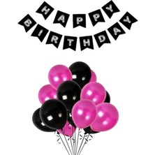 Parti Furyası Siyah Karton Üzeri Gümüş Gri  Yaldızlı Happy Birthday Yazılı Doğum Günü Partisi Yazı Banner Süs ve 20 Adet (Siyah ve Fuşya,) Balon Süsleme Seti