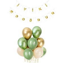 Parti Furyası Beyaz  Karton Üzeri Gold Altın Iyiki Doğdun Yazılı Doğum Günü Partisi Yazı Banner Süs ve 10 Adet (Beyaz ve Küf Yeşili)Balon, 5 Adet (Gold ve Yeşil) kr