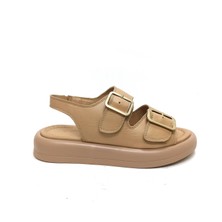 Albini Bej Deri Kadın Çift Toka Sandalet Ayakkabı