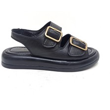 Albini Siyah Deri Kadın Çift Toka Sandalet Ayakkabı