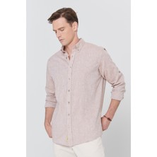Altınyıldız Classics Erkek Camel Comfort Fit Rahat Kesim Düğmeli Yaka Casual Keten Gömlek