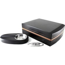 Cedar Alman Şeritli Humidor Puro Kutusu ve Aksesuar Seti Siyah