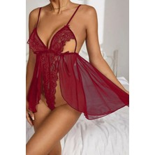 Bav Butik Ayvitrin Bordo Dantel Özel Tasarim Bodysuit Babydoll 15523