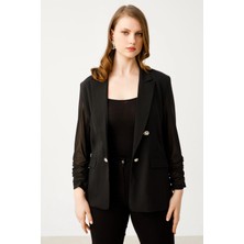 Ekol Büyük Beden Tül Detaylı Siyah Kadın Ceket 24EKL05546