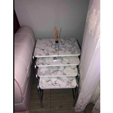 Can Vista Home 4'lü Beyaz Mermer Desen Metal Krom Nikel Ayaklı Zigon Sehpa