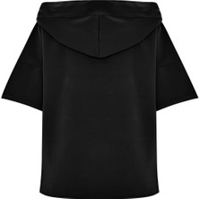 Muni Muni  Kısa Kollu Kapüşonlu Düz Renk Kordon Detaylı Cepli Dokuma Sweatshirt-Siyah