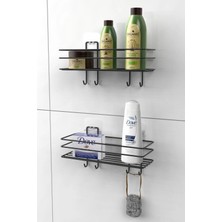 Karteya Yapışkanlı 4 Kancalı Banyo Rafı Mat Siyah Metal 2'li Set Paslanmaya Karşı Özel Tasarım