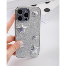 Paladyum Case iPhone 14 Pro Uyumlu Gümüş Puf Yıldızlı Simli Kılıf