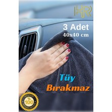 HRPAK 3 Adet Mikrofiber Leke Bırakmaz Araç Yıkama Kurulama Oto Cam Temizlik Bezi 40X40CM Gri