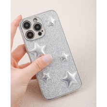 Paladyum Case iPhone 15 Pro Uyumlu Gümüş Puf Yıldızlı Simli Kılıf