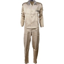 Ottoland Erkek Klasik Model Pijama Takımı  Ipeksi Saten Kumaş Yaka Çizgili Şortlu Gömlek Yaka Uzun Kollu Cepli Rahat Kesim Tam Kalıp