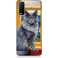 Teknomeg Vivo Y20 Uyumlu Kül Rengi Tüylü Kedi Desenli Silikon Kılıf