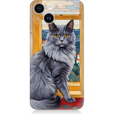 Teknomeg Apple Iphone 14 Uyumlu Kül Rengi Tüylü Kedi Desenli Silikon Kılıf