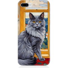 Teknomeg Apple Iphone 8 Plus Uyumlu Kül Rengi Tüylü Kedi Desenli Silikon Kılıf