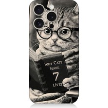 Teknomeg Apple Iphone 15 Pro Uyumlu Kitap Okuyan Kedi Desenli Silikon Kılıf
