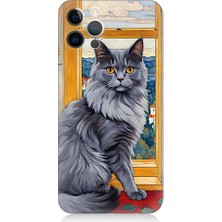 Teknomeg Apple Iphone 12 Pro Max Uyumlu Kül Rengi Tüylü Kedi Desenli Silikon Kılıf