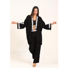 Keyifli Moda Kadın Siyah Aplike Nakışlı Cepli Tunik Pantolon Ikili Takım