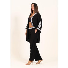 Keyifli Moda Kadın Siyah Aplike Nakışlı Cepli Tunik Pantolon Ikili Takım