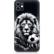 Teknomeg Apple Iphone 11 Uyumlu Siyah Beyaz Aslan ve Futbol Topu Desenli Silikon Kılıf