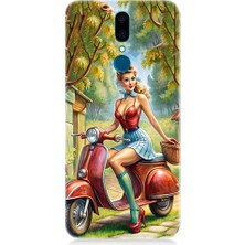 Teknomeg Vestel Venus V7 Uyumlu Güzel Kadın ve Vespa Motosiklet Desenli Silikon Kılıf