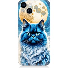 Teknomeg Apple İPHONE14 Plus Uyumlu Asil Mavi Kedi ve Ay Desenli Silikon Kılıf