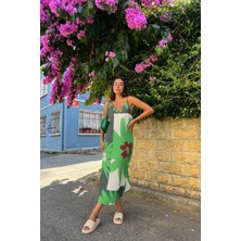 For You woman  Askılı V Yaka Yırtmaçlı Çicek Desenli Yeşil Elbise